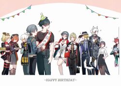  !? 2bnerikeshi 5boys 6+girls anger_vein animal_ear_fluff animal_ears astra_yao bag birthday black_gloves black_hair black_jacket black_pants black_shirt black_thighhighs blonde_hair breasts burnice_white closed_eyes closed_mouth collared_shirt commentary_request dress ellen_joe ellen_joe_(on_campus) evelyn_chevalier eyewear_on_head fingerless_gloves furry furry_male gloves grey_hair hair_between_eyes hair_over_one_eye hairband hand_on_another's_shoulder hand_on_own_hip happy_birthday hat highres horns hugo_vlad jacket komano_manato leg_up lighter_(zenless_zone_zero) long_hair long_sleeves lucia_elowen multiple_boys multiple_girls necktie open_mouth orphie_magnusson pants pantyhose party_hat peeking_out pointy_ears puff_of_air red_hair scar scar_on_arm shirt short_hair simple_background skirt soldier_11_(zenless_zone_zero) sparkle sunglasses thigh-highs von_lycaon white_dress white_hairband white_shirt wise_(zenless_zone_zero) zenless_zone_zero 