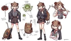  1girl ahoge asymmetrical_legwear backpack bag black_socks blue_jacket broken_heart broken_heart_hair_ornament brown_hair brown_shoes closed_mouth collared_shirt commentary dahlia english_commentary evil_neuro-sama flower flower_on_head full_body grey_vest hair_between_eyes hair_rings heart highres holding holding_lead_pipe jacket kapxapius lapels lead_pipe long_sleeves medium_hair miniskirt multiple_views necktie notched_lapels open_mouth plaid_clothes plaid_skirt red_eyes red_necktie school_uniform shirt shoes simple_background skirt socks standing tungsten_cube uneven_legwear vedal_ai vest virtual_youtuber white_background white_shirt 