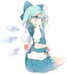  :&lt; blue_dress blue_eyes blue_hair blush bow cirno detached_sleeves dress hair_bow highres kurean puffy_sleeves short_hair simple_background sitting solo touhou turning white_background wings 