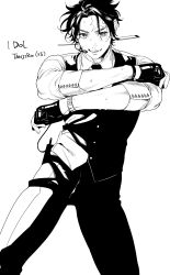  1boy alternate_costume character_name collared_shirt contemporary crossed_arms earrings english_text gloves greyscale hanafuda_earrings hashimoto_(yanagi-momo) headset highres idol jewelry kamado_tanjirou kimetsu_no_yaiba looking_at_viewer male_focus monochrome necktie open_mouth pants partially_fingerless_gloves scar scar_on_face scar_on_forehead shirt short_hair simple_background smile solo sweat vest waistcoat watch watch white_background 