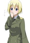  blonde_hair blue_eyes blush clothes_sniffing erica_hartmann military military_uniform short_hair solo strike_witches uniform youkan 