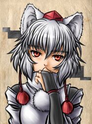  animal_ears bridal_gauntlets bust face five-seven hat inubashiri_momiji red_eyes short_hair silver_hair solo tassel tokin_hat touhou wolf_ears 