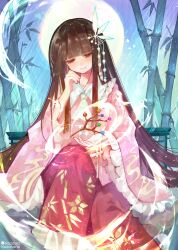  1girl absurdres artist_name ascot bamboo bamboo_print branch brown_eyes brown_hair chinese_commentary closed_mouth collared_shirt commentary_request frilled_shirt_collar frilled_skirt frilled_sleeves frills full_moon hair_ornament highres houraisan_kaguya jeweled_branch_of_hourai kozawa_kazahana long_hair long_skirt long_sleeves moon pink_shirt print_skirt red_skirt shirt skirt smile solo touhou very_long_hair white_ascot wide_sleeves 