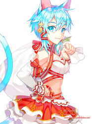  1girl alternate_costume animal_ears artist_name bare_shoulders bell blue_eyes blue_hair breasts cat_ears cat_girl cat_tail christmas colored_eyebrows colored_eyelashes commentary_request cowboy_shot detached_sleeves eyelashes from_side hair_bell hair_between_eyes hair_ornament hairclip ham_00 hand_on_own_hip hand_up holding holding_sack layered_skirt long_sleeves medium_breasts medium_hair messy_hair midriff miniskirt navel nose parted_lips pixiv_username red_ribbon red_skirt ribbon sack simple_background sinon sinon_(sao-alo) skirt smile solo star_(symbol) star_hair_ornament strapless sword_art_online tail tube_top twitter_username two-tone_skirt web_address white_background white_skirt white_sleeves white_tube_top 