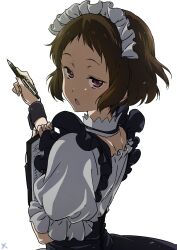  1girl absurdres black_dress black_wrist_cuffs brown_hair clipboard cuffs dress frilled_sleeves frills highres hyouka ibara_mayaka maid maid_headdress makicha_(sasurainopink) multicolored_dress paper parted_bangs pen puffy_short_sleeves puffy_sleeves short_hair short_sleeves simple_background violet_eyes white_background white_dress wrist_cuffs 