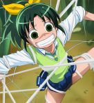  bike_shorts clenched_teeth dilated_pupils face green_eyes green_hair haruyama midorikawa_nao minigirl ponytail precure scared school_uniform skirt sleeves_rolled_up smile_precure! solo spider_web tears 