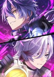  2boys artist_name black_gloves blue_eyes blue_hair commentary_request crossed_bangs flins_(genshin_impact) genshin_impact gloves grey_hair hair_between_eyes highres holding holding_lantern illuga_(genshin_impact) lantern long_hair male_focus mole mole_under_eye multicolored_hair multiple_boys necoco112061 red_hair short_hair watermark yellow_eyes 
