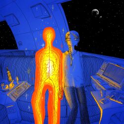  1girl 1other absurdres apple banana blue_theme bottle braid closed_mouth cup drinking_glass expressionless eyebrow_piercing face_piercing food fruit fruit_bowl glowing grapes hair_ornament hair_over_shoulder highres holding_hands nervous_system orange_theme original piercing pill planet ryaw science_fiction single_braid sitting space spacecraft_interior sparkle spot_color star_(sky) wine_bottle x_hair_ornament 