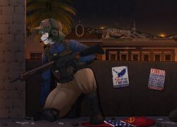  1girl absurdres assault_rifle baseball_cap belt black_boots black_gloves blue_shirt boots brown_belt brown_hat brown_pants bulletproof_vest cargo_pants columbia_(random_weeb) commentary commission darthcat1234 destruction elbow_pads english_commentary english_text eotech fasces_(object) flag_patch foregrip gloves glowstick green_hair grey_background gun hammer_and_sickle hat headset hearts_of_iron highres holding holding_gun holding_weapon hollywood_sign knee_guards lightstick m1ramir m4_carbine magazine_(weapon) mask mouth_mask optical_sight orange_hat original pants pocket poster_(object) propaganda rifle second-party_source shirt short_hair short_sleeves simple_background solo squatting the_fire_rises utility_belt vertical_foregrip violet_eyes weapon web_address 