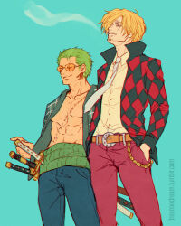  2boys blonde_hair blue_background cigarette commentary cowboy_shot curly_eyebrows dreamxxdream facial_hair goatee green_hair hands_in_pockets haramaki looking_ahead male_focus multiple_boys one_piece one_piece_film:_z roronoa_zoro sanji_(one_piece) scar scar_across_eye scar_on_face smile stitched_torso stitches sunglasses tumblr_username 