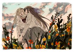  2girls 9urodine :d arm_at_side black_hairband blonde_hair blue_sky border bow bowtie brown_hair closed_eyes clouds cowboy_shot face-to-face facing_another flower from_below grey_skirt hair_bow hairband half_updo hand_up highres holding_hands long_hair long_sleeves miniskirt morning multiple_girls open_mouth outdoors parted_bangs pleated_skirt profile purple_bow red_bow red_bowtie red_flower rounded_corners saijou_claudine school_uniform seishou_music_academy_uniform shirt_tucked_in shoujo_kageki_revue_starlight skirt sky smile standing teeth tendou_maya upper_teeth_only very_long_hair white_border yellow_flower yuri 