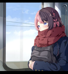  1girl absurdres alternate_costume backpack bag black_bag black_hair blue_coat blue_eyes bow braid coat cogiyamasan commentary_request covered_mouth day enpera hair_bow highres holding holding_bag long_sleeves multicolored_hair pink_bow pink_hair red_scarf scarf scarf_over_mouth sleeves_past_wrists solo tachibana_hinano train_interior two-tone_hair upper_body virtual_youtuber vspo! 