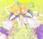  1girl blonde_hair brother_and_sister from_above hand_holding headphones highres holding_hands kagamine_len kagamine_rin kunieda_(miniaturegarden) lying navel on_back open_mouth short_hair shorts siblings smile twins vocaloid 