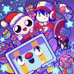  3boys android animal_ears antlers artist_request balrog_(cave_story) baseball_cap black_eyes black_hair black_mask blue_eyes bow box button_eyes buttons cave_story character_doll christmas closed_mouth colored_skin commentary company_connection crescent crossover deer_ears doll english_commentary fur-trimmed_headwear fur-trimmed_sleeves fur_trim gift gift_box guppy_(the_binding_of_isaac) hair_between_eyes halftone halftone_background hat highres horns isaac_(the_binding_of_isaac) long_sleeves multiple_boys no_nose no_sclera official_art open_mouth pom_pom_(clothes) purple_background quote_(cave_story) red_bow red_hat red_nose red_shirt red_sleeves reindeer_antlers robot robot_boy robot_ears sack santa_costume santa_hat second-party_source shirt short_hair sleigh smile star_(symbol) stuffed_animal stuffed_cat stuffed_rabbit stuffed_toy the_binding_of_isaac thick_lineart tongue upturned_eyes white_skin 