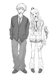  1boy 1girl absurdres black_necktie blush buttons chainsaw_man collared_shirt commentary_request cross-shaped_pupils denji_(chainsaw_man) hands_in_pockets highres horns iing_naoe long_hair necktie pants pochita_(chainsaw_man) power_(chainsaw_man) red_horns school_uniform shirt shirt_tucked_in short_hair skirt symbol-shaped_pupils 