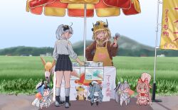  6+girls admi_(nikke) ahoge apron armpit_cutout blonde_hair blue_eyes blue_hair blush bodysuit bow braid brown_shawl chef_hat chibi cinderella_(nikke) clothing_cutout coat coat_on_shoulders commentary_request crust_(nikke) dress eating flat_top_chef_hat food food-themed_hair_ornament food_costume front_bow fruit gloves goddess_of_victory:_nikke green_hair grey_hair hair_bow hair_intakes hair_ornament hair_over_one_eye hard_hat hat headgear helm_(nikke) helmet highres holding holding_food holding_ice_cream holding_ice_cream_cone ice_cream ice_cream_cone insignia jacket leg_cutout liter_(nikke) long_hair long_sleeves medium_hair multicolored_gloves multicolored_hair multiple_girls non-humanoid_robot one_eye_covered open_clothes open_mouth paw_hair_ornament peaked_cap pink_dress pink_eyes pleated_skirt privaty_(nikke) rabbit_hair_ornament red_eyes robot robot_animal robot_dog runao_noire school_uniform see-through_bodysuit see-through_clothes serafuku shawl shirt short_hair skirt smile strawberry strawberry_hair_ornament streaked_hair street_vendor thigh-highs twin_braids twintails two-tone_gloves very_long_hair volt_(nikke) white_apron white_bodysuit white_gloves white_jacket white_shirt yellow_apron yellow_helmet 
