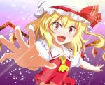  :d ascot blonde_hair blush bust eo_(artist) fang flandre_scarlet hat highres open_mouth outstretched_arms outstretched_hand red_eyes ribbon short_hair side_ponytail smile solo touhou wide-eyed wings 
