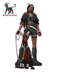  1girl absurdres animal_collar arm_belt black_hair black_jacket black_leotard black_shirt black_shoes bracelet breasts chain chain_leash collar commentary creature_and_personification dark-skinned_female dark_skin dreadlocks earrings face_piercing fishnet_thighhighs fishnets full_body highres holding holding_leash holding_poke_ball horns houndoom jacket jewelry leash leotard midriff nose_piercing personification piercing poke_ball pokemon pokemon_(creature) punk reference_inset shirt shoes shoulder_spikes simple_background skeleton_print spiked_belt spiked_bracelet spiked_collar spikes standing thigh-highs umber white_background 