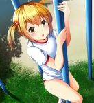  :o blonde_hair blush buruma gym_uniform hair_bobbles hair_ornament jungle_gym looking_at_viewer ok-ray original short_twintails solo twintails yellow_eyes 