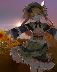  1girl absurdres backlighting blonde_hair bow closed_eyes commentary_request dress earrings facing_viewer feet_out_of_frame flower frilled_dress frilled_sleeves frills green_bonnet green_bow green_dress highres jewelry lolita_fashion long_hair long_sleeves mahou_shoujo_no_majo_saiban neck_ribbon outdoors ribbon rose sihat_13 sky smile solo standing sun sunflower sunset tono_hanna twintails w yellow_flower yellow_rose 