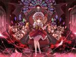  bat_wings blonde_hair blood bone crystal cup flandre_scarlet glowing glowing_eyes hat hat_ribbon highres marionette_(excle) red_eyes ribbon short_hair side_ponytail skull solo stained_glass stuffed_animal stuffed_toy teddy_bear throne touhou what_is_a_man? wings 