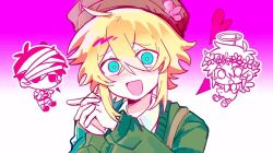  2boys basil_(birthday)_(omori) basil_(faraway)_(omori) basil_(omori) blonde_hair blue_eyes blush blush_stickers bright_pupils brown_hat cardigan chibi collared_shirt commentary crossed_bangs double-parted_bangs fake_halo flower flower_wreath gongs0313 gradient_background green_cardigan hair_between_eyes halo hat head_wreath interlocked_fingers long_sleeves looking_at_viewer male_focus multiple_boys newsboy_cap omori open_mouth own_hands_clasped own_hands_together pink_background shirt short_hair short_sleeves sidelocks smile sunny_(omori) sweater_vest symbol-only_commentary two-tone_background upper_body white_background white_pupils white_shirt 