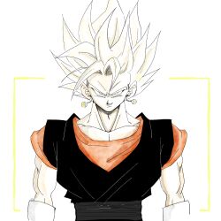  1boy 1rasutotoukou absurdres black_sash black_shirt blonde_hair dougi dragon_ball dragon_ball_z earrings gloves highres jewelry limited_palette medium_hair muscular muscular_male orange_shirt potara_earrings sash shirt simple_background smirk solo spiky_hair super_saiyan super_saiyan_1 vegetto white_background white_gloves 