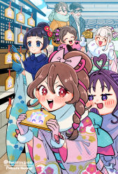  2boys 5girls ahoge aokaze_nana baseball_cap black_hair blonde_hair blue_eyes blue_hair blue_kimono blunt_bangs blush braid brown_hair coat ema floral_print floral_print_kimono flower glasses gloves hair_between_eyes hair_bun hair_flower hair_ornament hair_ribbon hair_tie hairpin half_gloves half_updo hat heart heart-shaped_hair hibiki_kaito highres jacket japanese_clothes jewelry kazuma_(precure) kimi_to_idol_precure kimono long_hair long_sleeves mature_male multiple_boys multiple_girls musical_note necklace new_year nico-sama open_mouth parted_bangs pink_kimono precure print_kimono purple_hair purple_kimono ribbon sakura_uta_(precure) scarf shigure_kokoro side_braid single_braid smile sweatdrop tanaka_meron tanaka_purin temple ton_(ton39342104) twitter_username whispering winter_clothes winter_coat wonderful_precure! 