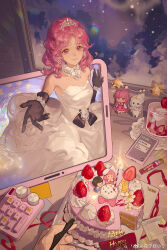  1girl absurdres bare_shoulders bead_necklace beads birthday_cake black_bow black_gloves bloom_poetry_(shining_nikki) blunt_bangs bow bow_choker bowtie bracelet brown_eyes bubble_skirt cake candle candy cellphone chinese_commentary choker closed_mouth collarbone commentary_request cup dress drinking_glass earrings eyelashes figure fire floating_clothes flower flower_bracelet flower_dress food foreshortening fourth_wall fruit gloves happy happy_birthday hexagram high_ponytail highres holding holding_lighter huaning_haoxiao_ning indoors jewelry light_particles lighter medium_dress medium_hair momo_(nikki) necklace night nikki_(nikki) nikki_(series) offering_hand parted_bangs phone pink_hair ponytail pov rose shining_nikki silky_sweet_dream_(shining_nikki) skirt smartphone smile snowing solo_focus strapless strapless_dress strawberry strawberry_slice stylist_(nikki) tablet_pc through_medium through_screen tiara waist_bow watermark wavy_hair weibo_watermark white_bow white_bowtie white_choker white_dress white_flower white_rose winter 