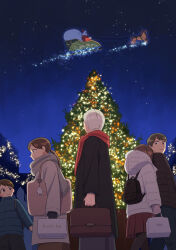  2girls 4boys absurdres backpack bag bag_charm brown_hair charm_(object) child christmas christmas_tree coat commentary_request flying handbag highres holding holding_bag jacket kojiro337 long_hair multiple_boys multiple_girls night original outdoors pleated_skirt ponytail reindeer santa_claus scarf shopping_bag short_hair skirt sky sleigh star_(sky) starry_sky watermark white_hair winter_clothes 