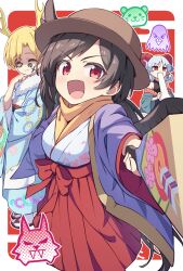  3girls alternate_costume antlers blue_kimono blush brown_hair brown_hat brown_wings closed_eyes closed_mouth commentary_request cowboy_hat curly_hair dragon_girl dragon_horns eagle_spirit_(touhou) earrings eating facepaint facing_viewer false_smile floral_print food furisode hagoita hakama hakama_skirt haori hat highres hiyaya_(kochi_michikaze) holding holding_paddle hoop_earrings horns japanese_clothes jewelry kicchou_yachie kimono kurokoma_saki looking_at_viewer mochi multiple_girls new_year open_mouth otter_spirit_(touhou) paddle pointy_ears print_kimono purple_haori red_eyes red_hakama red_horns sharp_teeth sheep_horns short_hair skirt smile solo_focus teeth touhou toutetsu_yuuma wings wolf_spirit_(touhou) yellow_horns 