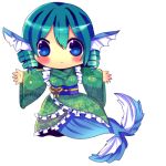  1girl blue_eyes blue_hair blush chibi chocolat_(momoiro_piano) drill_hair floral_print head_fins japanese_clothes kimono lowres mermaid monster_girl obi outstretched_arms simple_background solo touhou wakasagihime white_background wide_sleeves 