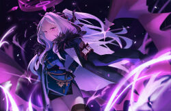  1girl armband black_gloves blue_archive boots breasts coat coat_on_shoulders commentary_request demon_girl demon_horns demon_wings full_body fur_collar gloves grey_hair gun hair_ornament halo hand_on_own_hip highres hina_(blue_archive) horns long_coat long_hair machine_gun mg42 military military_uniform miniskirt multiple_horns nattsume_(natttsume) parted_bangs ponytail purple_thighhighs red_armband skirt slit_pupils solo thigh-highs violet_eyes weapon wings 