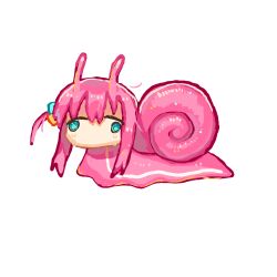  1girl ahoge antennae blue_eyes bocchi_the_rock! commentary crying crying_with_eyes_open cube_hair_ornament detached_ahoge english_commentary gotoh_hitori hair_between_eyes hair_ornament highres lazy_eye long_hair no_mouth no_nose non-web_source pink_hair sad slime_(substance) slime_hair snail snail_girl solo standing standing_on_one_leg sweat tears white_background 