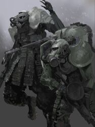  armor chain_gun commentary drum_magazine faulds feet_out_of_frame gas_mask gradient_background gun gundam hand_up highres holding holding_gun holding_weapon looking_ahead magazine_(weapon) mask mecha mecha_focus mobile_suit mobile_suit_gundam one-eyed redesign rintaro_komori robot science_fiction sleeveless snowing standing standing_on_one_leg weapon white_eyes zaku_ii zaku_ii_f/j 