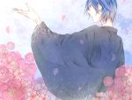  blue_eyes blue_hair flower japanese_clothes kaito male petals profile short_hair solo vocaloid yuma_(artist) 