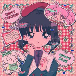  :o beret bishoujo_senshi_sailor_moon black_hair blunt_bangs blunt_ends character_name chibi_usa coat dated hair_bun happy_birthday hat highres long_hair pink_hair red_eyes saturn_symbol short_hair tomoe_hotaru tsukico_9h violet_eyes 