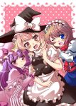  alice_margatroid blonde_hair blue_eyes braid brown_eyes capelet crescent hairband hat kirisame_marisa long_hair multiple_girls patchouli_knowledge purple_eyes purple_hair saipin short_hair single_braid touhou violet_eyes wink witch witch_hat 