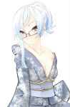  :o bad_id bare_shoulders blue_hair breasts cleavage collarbone face glasses highres japanese_clothes kimono looking_at_viewer nekobaka obi original ponytail red-framed_glasses solo white_background yellow_eyes 
