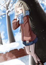  1girl absurdres bare_tree blue_scarf blue_skirt blue_sky boots breath brown_boots brown_eyes brown_hair brown_jacket closed_mouth colored_eyelashes commentary_request day enpera fringe_trim gakuen_idolmaster hair_ornament hairclip hand_up highres idolmaster jacket jiu_(sdesd3205) long_hair long_sleeves looking_at_viewer outdoors pleated_skirt scarf shinosawa_hiro skirt sky smile snow snowing solo standing swept_bangs tree very_long_hair 