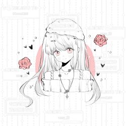  1girl artist_request bare_shoulders beret bra_strap circle closed_mouth collarbone commission cropped_torso cross cross_necklace dot_nose eyelashes flower flower_necklace fur_hat greyscale happy hat heart highres jewelry light_blush long_hair loose_hair_strand miracle_nikki monochrome necklace nikki_(nikki) nikki_(series) off-shoulder_sweater off_shoulder pink_eyes pink_flower pink_rose rose sample_watermark second-party_source smile solo spot_color sweater too_many_watermarks very_long_hair watermark white_background winter_miracle_(miracle_nikki) 