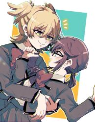  2girls aqua_background aqua_eyes bell black-framed_eyewear blonde_hair blush border bow bowtie breast_pocket closed_mouth collared_shirt commentary daiba_nana from_side glasses green_eyes grey_hair grey_skirt hair_bell hair_between_eyes hair_ornament hair_ribbon hands_up hoshimi_junna hug jacket jingle_bell leaning_back long_hair long_sleeves looking_at_another low_ponytail multiple_girls notice_lines open_clothes open_jacket open_mouth outside_border pleated_skirt pocket ponytail profile purple_hair red_bow red_bowtie ribbon school_uniform seishou_music_academy_uniform shirt shirt_tucked_in short_hair short_twintails shoujo_kageki_revue_starlight sikyo69 skirt smile standing twintails two-tone_background upper_body white_border white_shirt yellow_background yellow_ribbon yuri 
