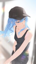  1girl absurdres alternate_costume bare_arms baseball_cap black_hat black_pants black_tank_top blue_eyes blue_hair blurry blurry_background breasts cohi27151463 denim floating_hair grin hair_between_eyes hand_on_own_hip hat highres hololive hoshimachi_suisei jeans long_hair pants sidelocks small_breasts smile solo star_(symbol) star_in_eye symbol_in_eye tank_top virtual_youtuber 