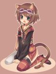  :o animal_ears blush brown_background brown_hair cat_ears cat_tail choker ebi_shamo goggles goggles_on_head green_eyes kemonomimi_mode kneeling pink_background rita_mordio short_hair single_thighhigh sitting solo tail tales_of_(series) tales_of_vesperia thigh-highs thighhighs v_arms wariza 