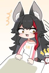  :3 animal_ear_fluff animal_ears black_hair breasts collarbone commentary_request futon hair_between_eyes highres hololive kiriyama_haruna long_hair ookami_mio open_mouth red_hair simple_background virtual_youtuber waking_up wolf_ears wolf_girl yellow_eyes 