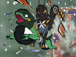  art_academy_(medium) breaking broken_glass commentary_request cyclizar flat_color glass handlebar holding_handlebar lokix motion_blur no_humans open_mouth outline pokemon pokemon_(creature) pokemon_art_academy pokemon_focus riding riding_pokemon rindou_(l2_pkmn) sparkle v-shaped_eyes white_outline 