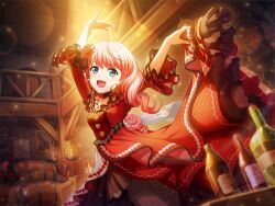  1girl arms_up barrel blue_eyes blurry blurry_foreground bottle dress earrings flower frilled_sleeves frills game_cg jewelry long_hair long_sleeves looking_at_viewer nonomiya_lalafin official_art pink_flower pink_hair pink_rose red_dress rose shoujo_kageki_revue_starlight shoujo_kageki_revue_starlight_-re_live- solo spotlight standing upper_body 