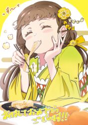  1girl ^_^ absurdres blush brown_hair chopsticks closed_eyes commentary_request eating flower food food_in_mouth foodgasm frontrivers_kae fruit furisode hair_flower hair_ornament hair_ribbon happy_new_year highres holding holding_chopsticks holding_with_chopsticks japanese_clothes kimono love_live! love_live!_superstar!! low_twintails mandarin_orange mochi obi obijime red_sash ribbon sakurakoji_kinako sash solo translation_request twintails yellow_flower yellow_kimono yellow_ribbon 