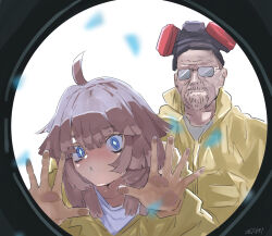  +_+ 1boy 1girl aa-12_(girls'_frontline) blue_eyes blush breaking_bad brown_hair commentary_request crossover curious excited expressionless gas_mask girls'_frontline_2:_exilium girls_frontline glasses hazmat_suit highres light_frown lind_(girls'_frontline_2) long_hair looking_through_window mask mask_on_head serious todoroki_mushi upper_body walter_white 