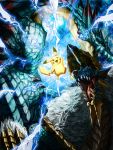  crossover dragon electricity fangs fur highres horns jinouga lagiacrus lightning mane monster monster_hunter monster_hunter_3 monster_hunter_3_g monster_hunter_portable_3rd no_humans open_mouth pikachu pokemon pokemon_(creature) red_eyes smile tail white_hair 